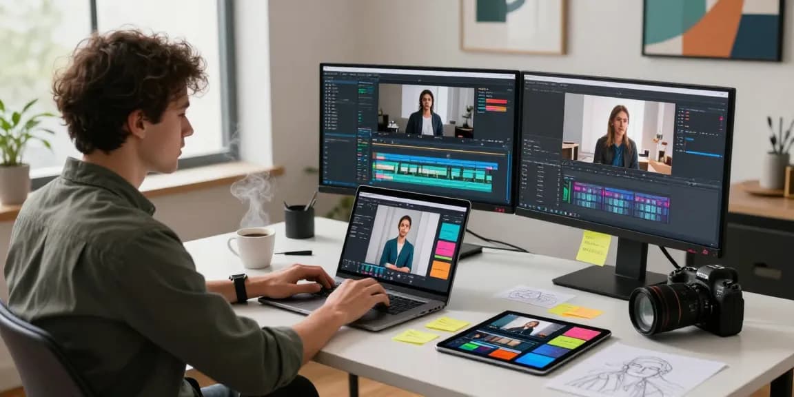 Creative workspace showcasing video to prompt generation tools and technology in an innovative studio.