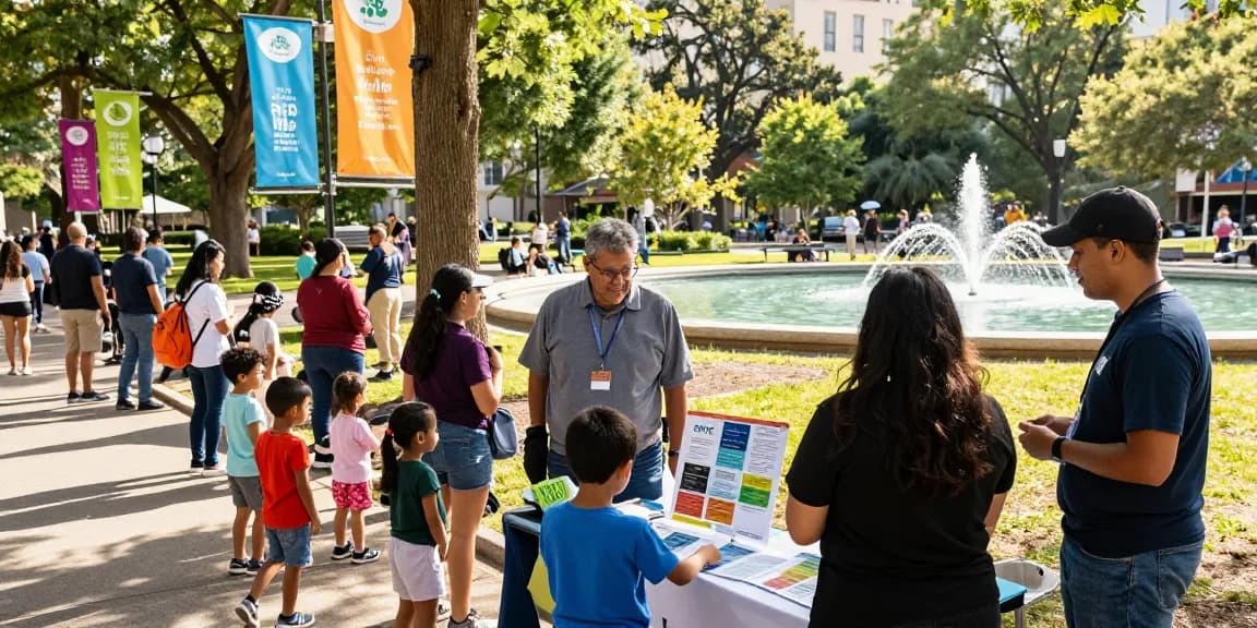 Community members learning about RTPS 4 the only free public services at a park event, promoting public engagement.