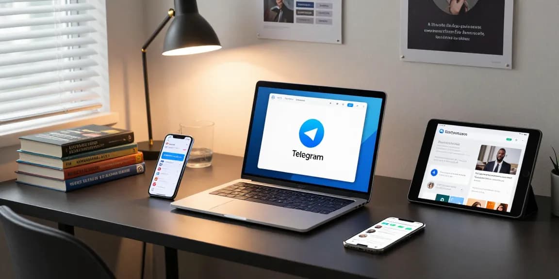Mastering Telegram China step by step in a modern home office setup with language learning materials.