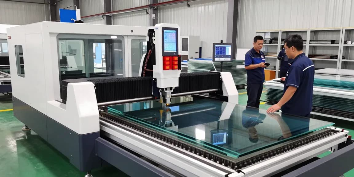 CNC glass cutting machine in action showcasing precision cutting and industrial efficiency in a modern facility.