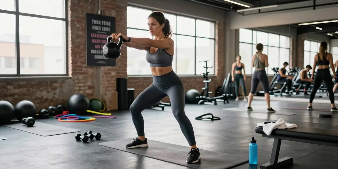 Athletic woman training at the Deus Medical Shop gym, showcasing kettlebell workout in vibrant studio.