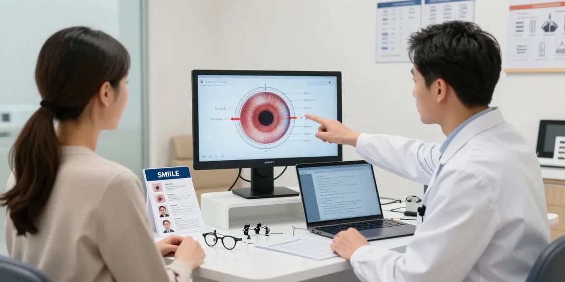 Patient discussing SMILE laser eye surgery with an ophthalmologist in a modern clinic.