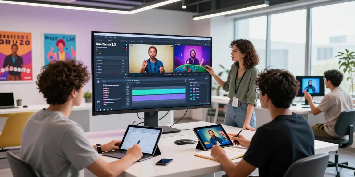 Team using seedance 2.0 to create innovative videos in a modern studio.