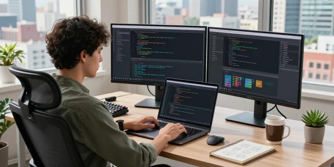 Software developer coding in a modern workspace, showcasing raja328 alternatif tools and a vibrant urban view.