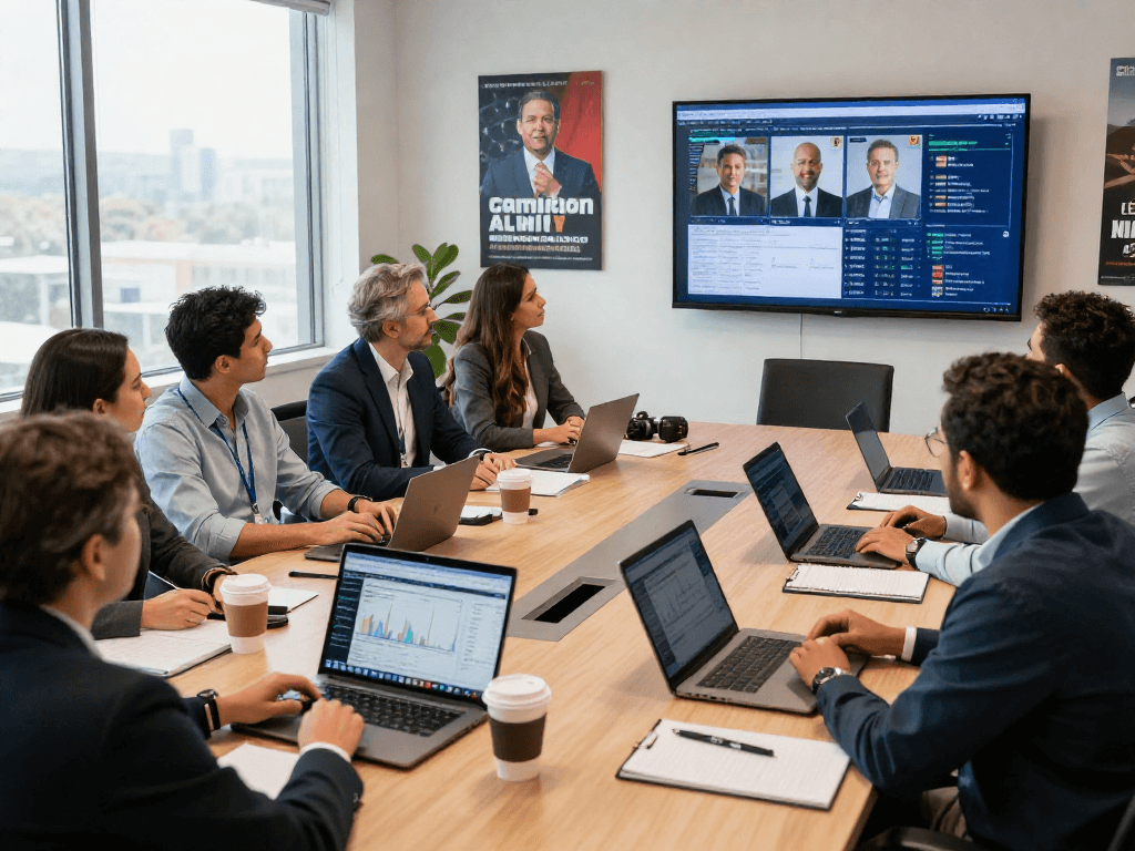 Engaged political marketing team analyzing connected TV political ads strategy in a modern office.