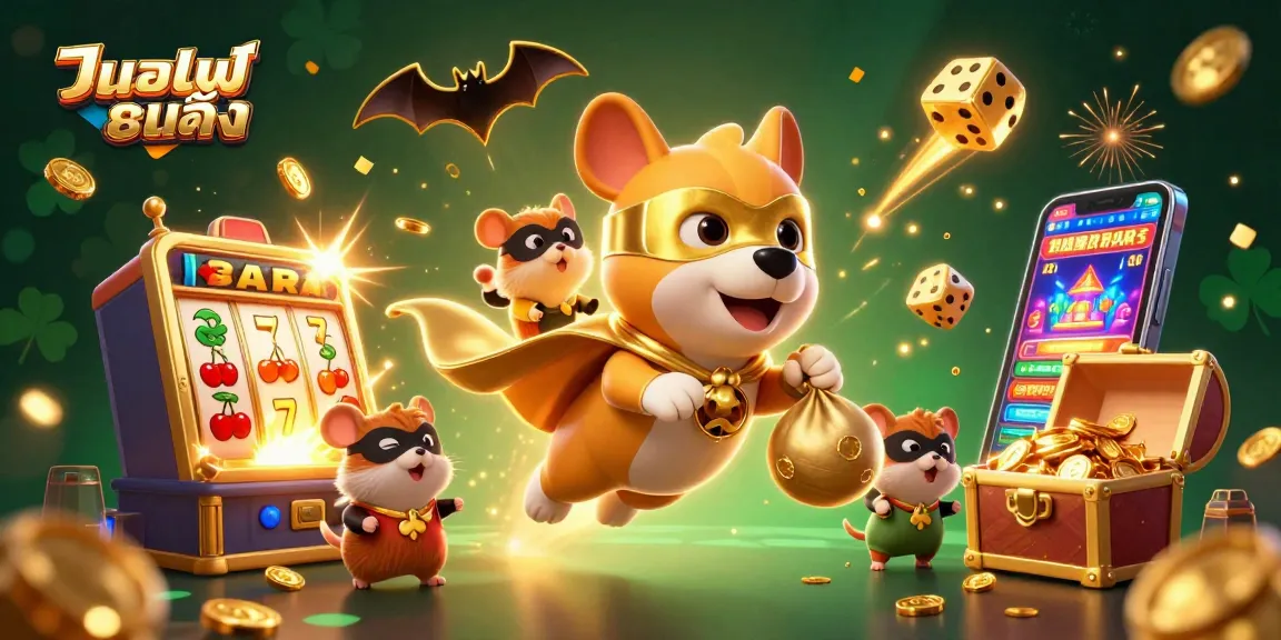 Experience thrilling แทงบอลเต็ง action as a superhero dog and sidekick celebrate with casino elements.