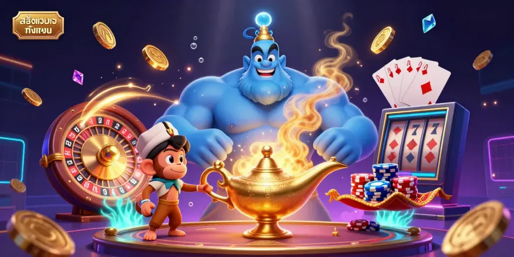 Experience สล็อตเว็บตรงทั้งหมด with a dynamic illustration of a genie, monkey, and magical chips in a thrilling casino environment.