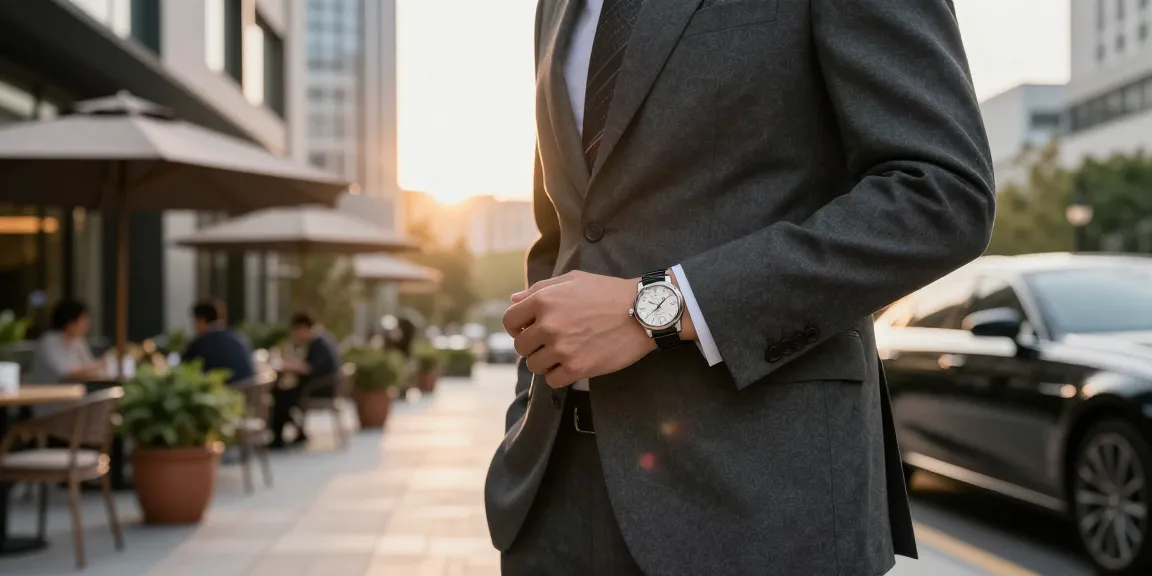 Stylish person showcasing replica watches outdoors in urban setting during golden hour.