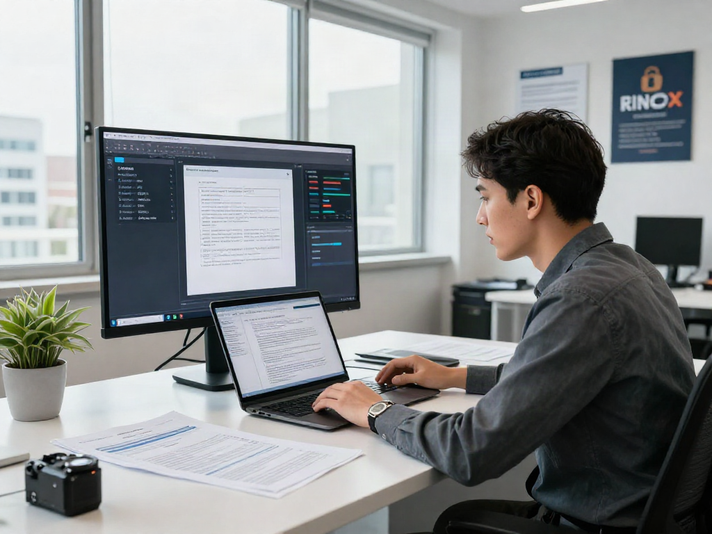 Data analyst examining documents for document fraud detection in a modern office setting.