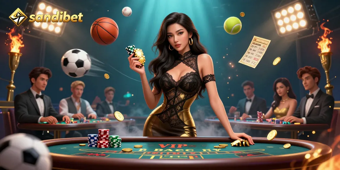 Experience high-stakes gaming with sandibet at a luxurious baccarat table surrounded by thrilling elements.