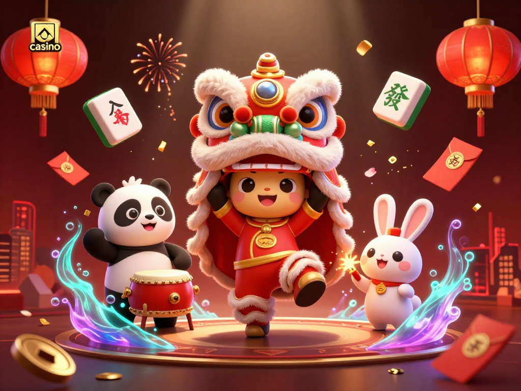 Experience vibrant casino festivities with a dancing lion, drumming panda, and firecracker rabbit.