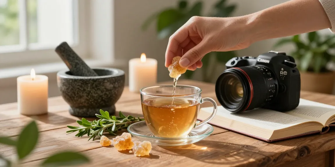 Mixing pure Himalayan shilajit resin in herbal tea amidst calming wellness setting.