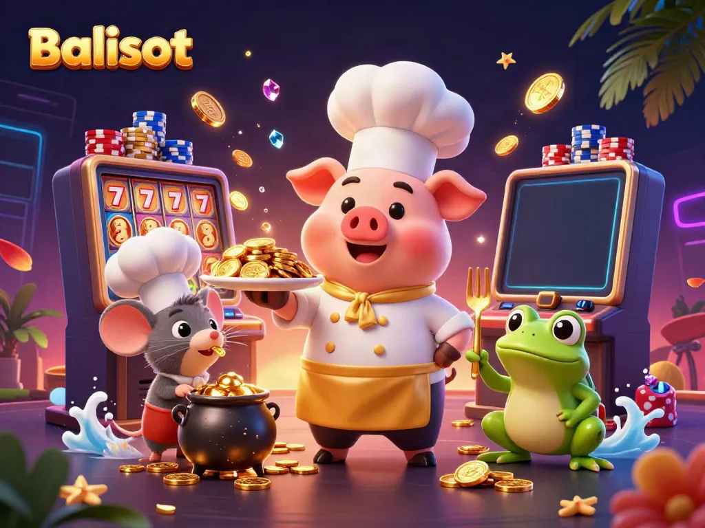 Balislot showcases a vibrant casino scene with dynamic cartoon characters enjoying gold coins, emphasizing an engaging gaming atmosphere.