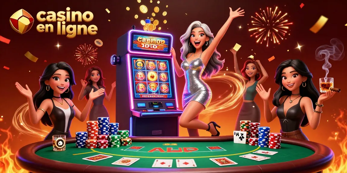 Célébrez vos victoires au casino en ligne avec une ambiance vibrante, mettant en avant l'action des machines à sous et des éléments de poker.