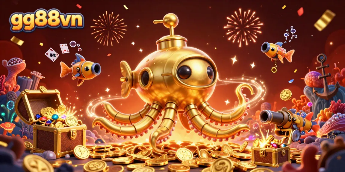 Engage in thrilling gaming with the gg88vn kraken submarine amidst golden coins and animated aquatic friends.