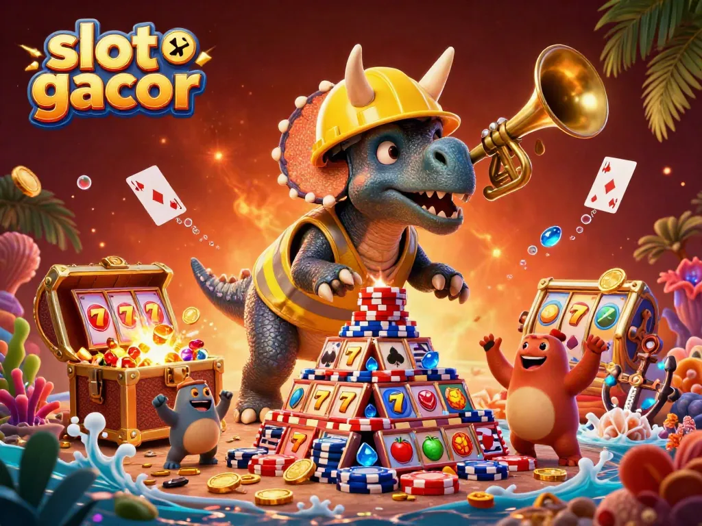 Engage with thrilling slot gacor action featuring a triceratops and lively characters in an epic casino scene.
