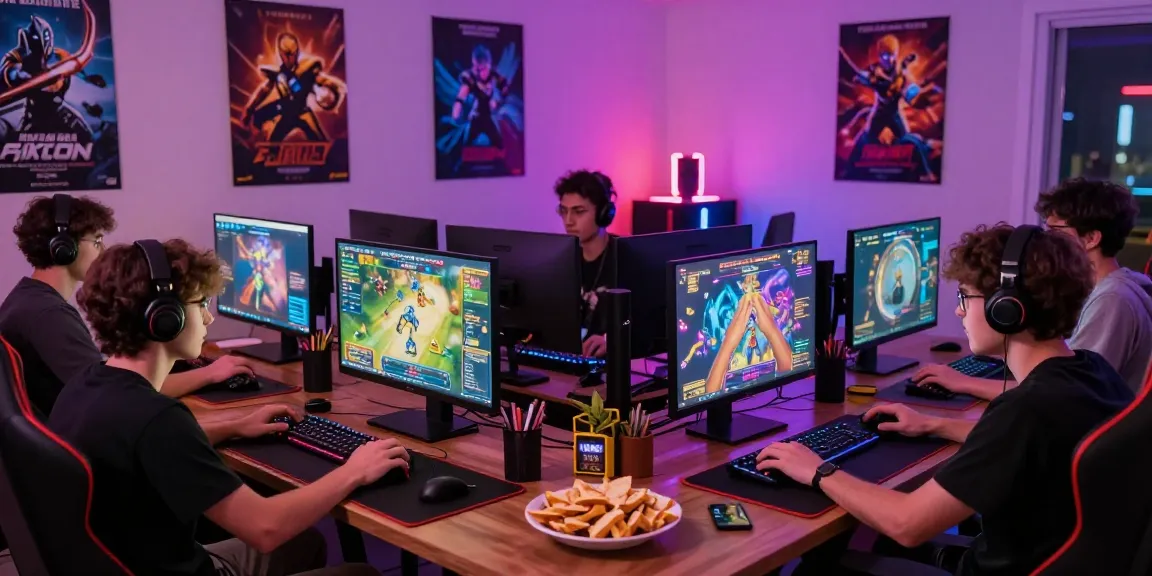 Friends engaged in thrilling game bài đổi thưởng session in colorful gaming setup.