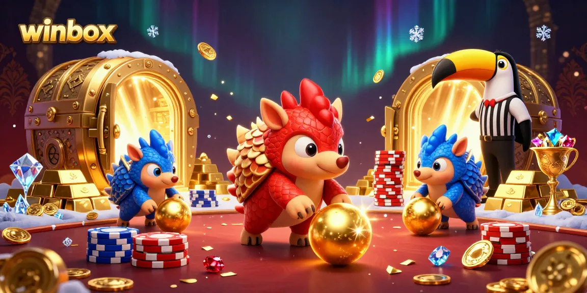 Winbox game scene featuring rival pangolins in a casino setting, surrounded by poker chips and treasure.