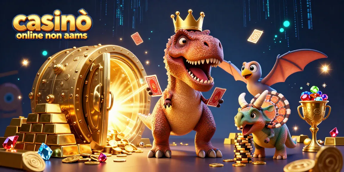 Gioca nei casinò online non AAMS con un T-Rex che mescola le carte e un triceratopo con chip d'oro.
