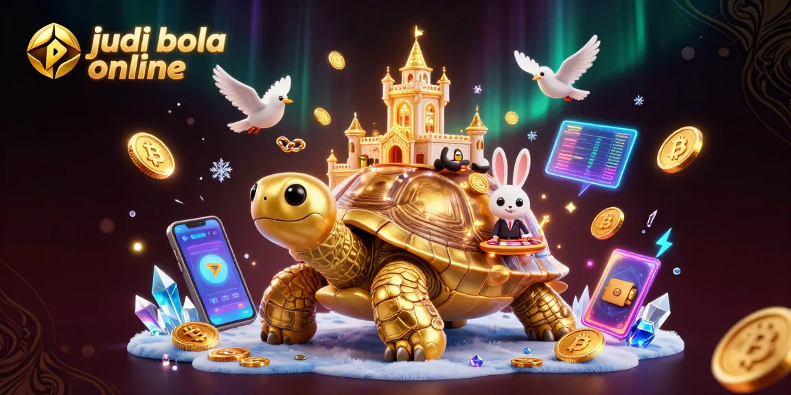 Engage in judi bola online with a vibrant scene featuring a golden tortoise casino and rabbit dealer.