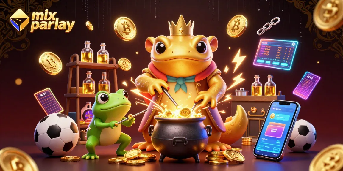 Engage in mix parlay betting with our vivid 3D illustration featuring sports elements and alchemical characters.