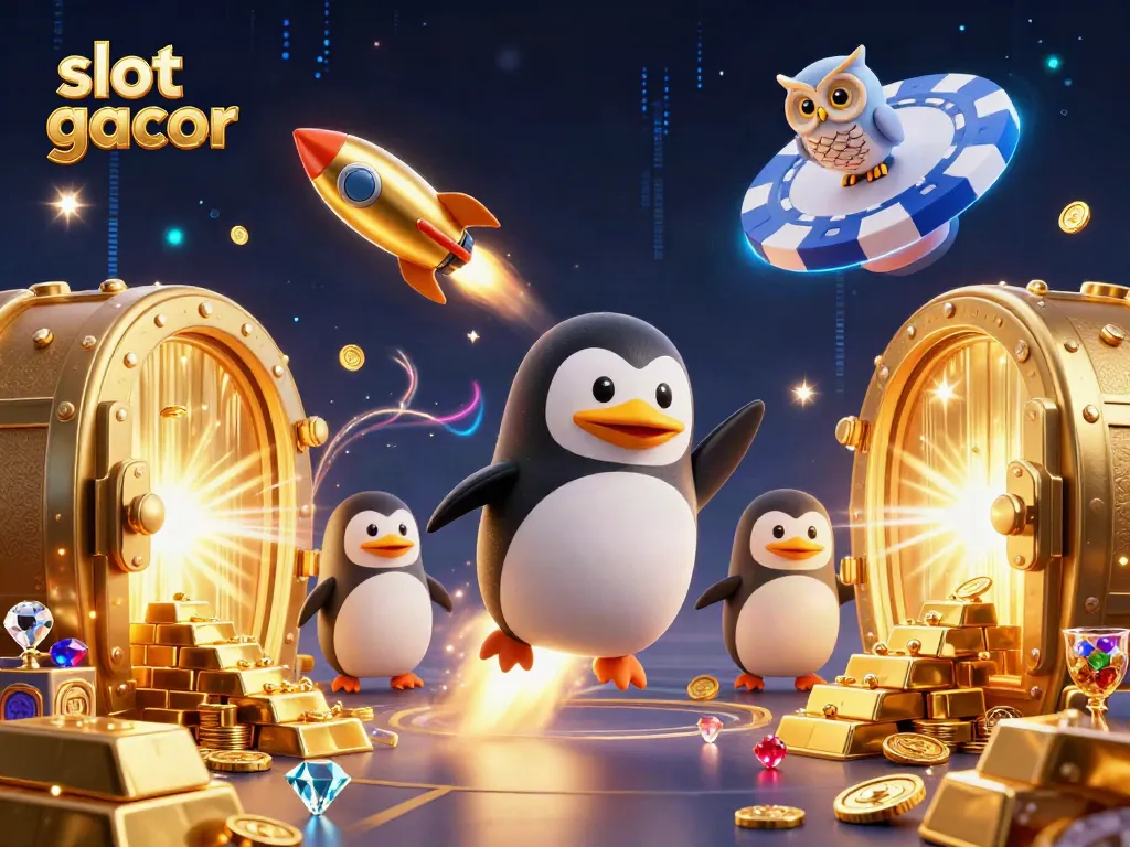 Experience the thrilling adventure of slot gacor with a penguin rocket blasting through a casino-themed space!