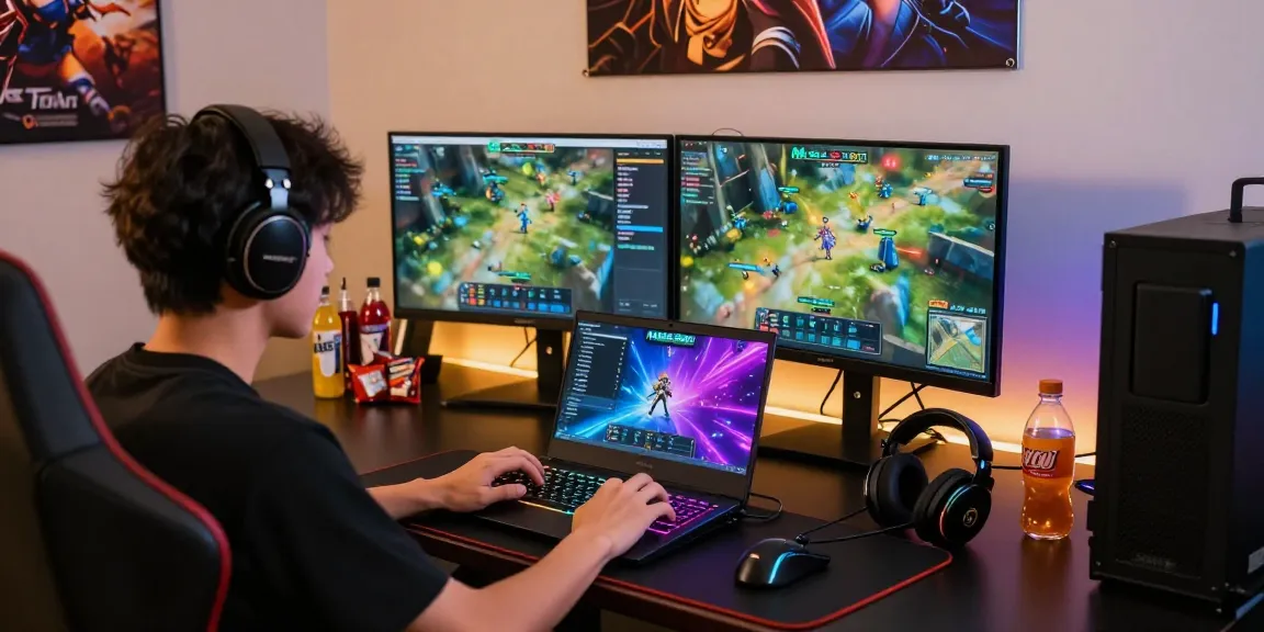 NAGA2000 gaming setup with a laptop, monitors, and vibrant graphics.