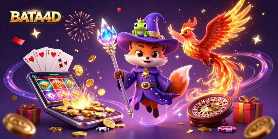 BATA4D presents an enchanting scene with a mystical wizard fox and phoenix amidst casino games.