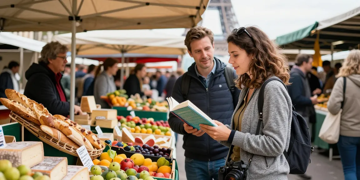 Cours de français en France dans un marché animé avec des habitants et des étudiants s'engageant dans une culture vibrante.