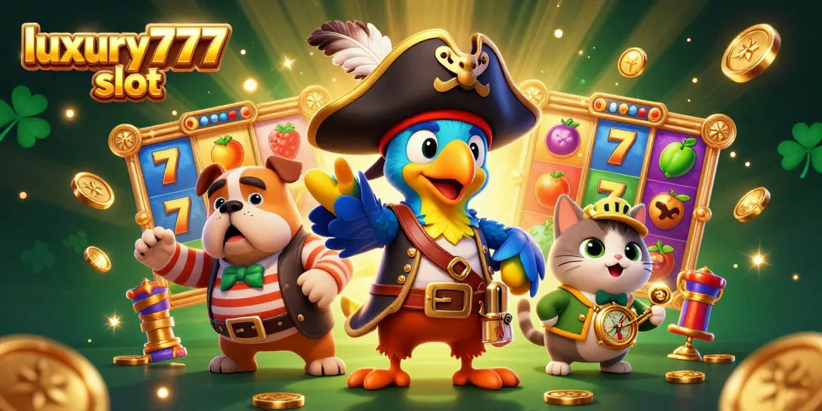 Experience the excitement of luxury777 slot with pirate-themed characters and vibrant slot game elements.