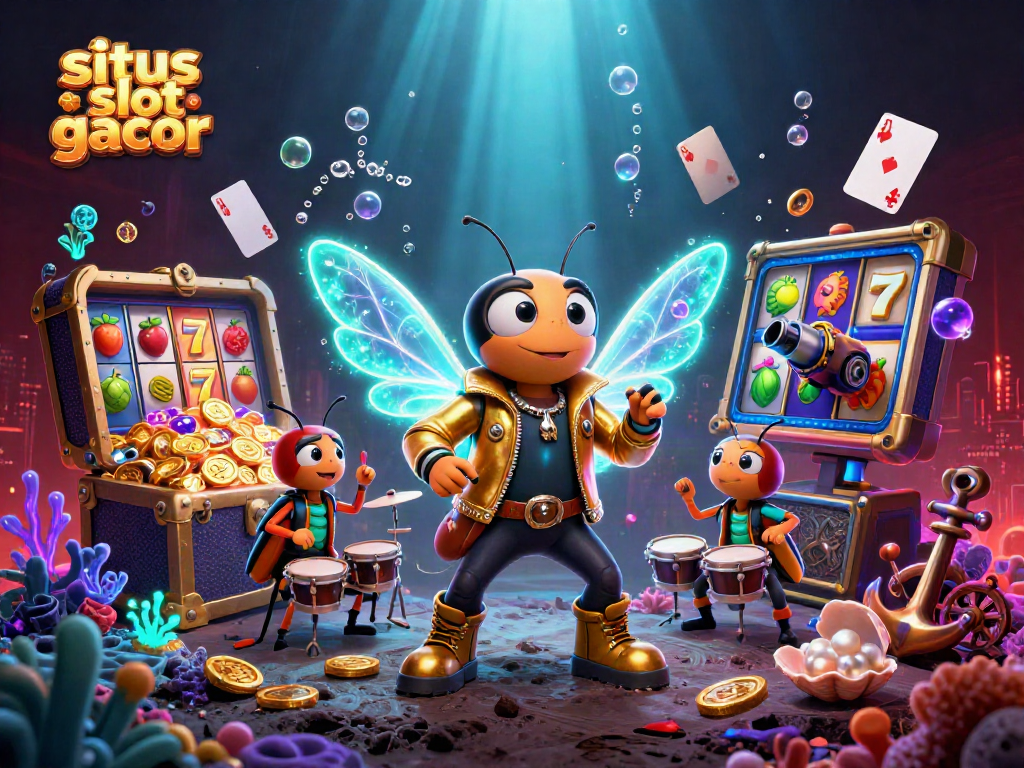 situs slot gacor showcases a vibrant 3D scene with a rock star cicada and gambling elements.