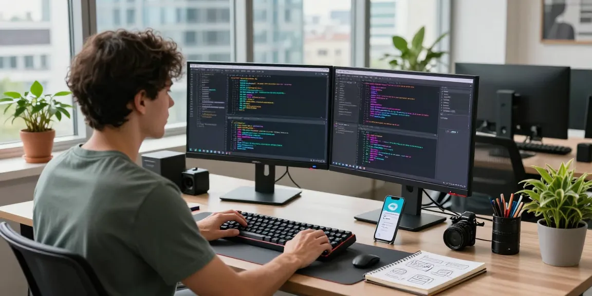 Modern tech workspace showcasing telegramin-cn.com developer at dual monitors coding with vibrant interfaces.
