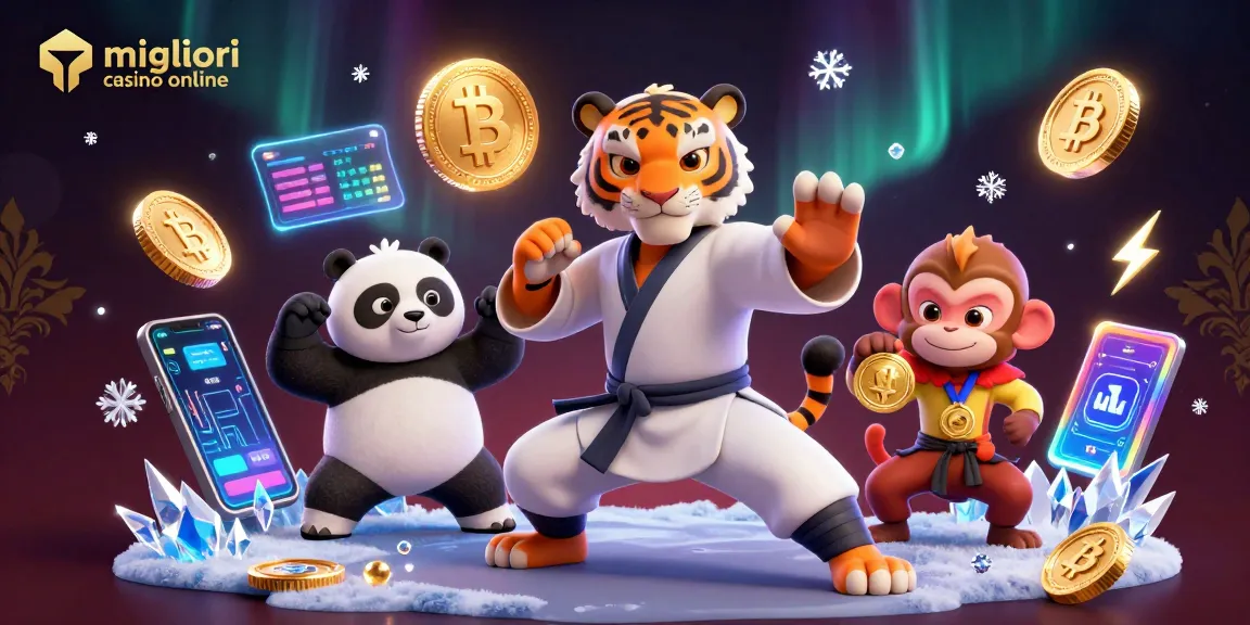 Gioca a giochi emozionanti nei migliori casino online con tigre e panda in cartone animato 3D in una scena magica.