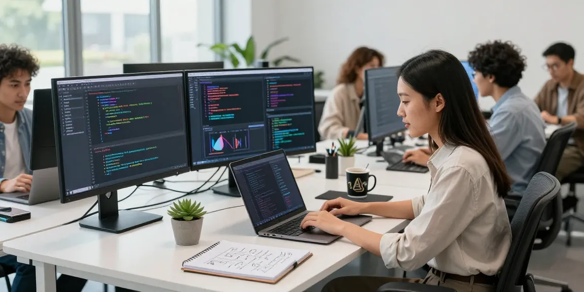 Developers working on generative AI projects in a modern workspace, showcasing collaboration, innovation, and technology.