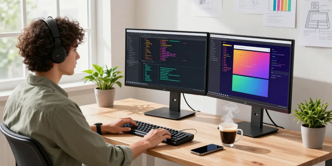 快连 network solution showcased in a modern tech office, featuring a developer at work with dual monitors and coding.