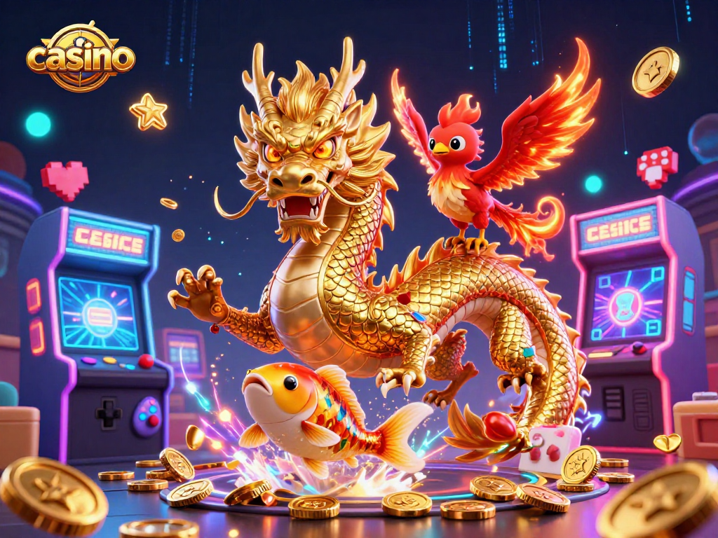 Engage with exciting casino action featuring a golden dragon, phoenix, and koi fish amidst colorful gaming elements.