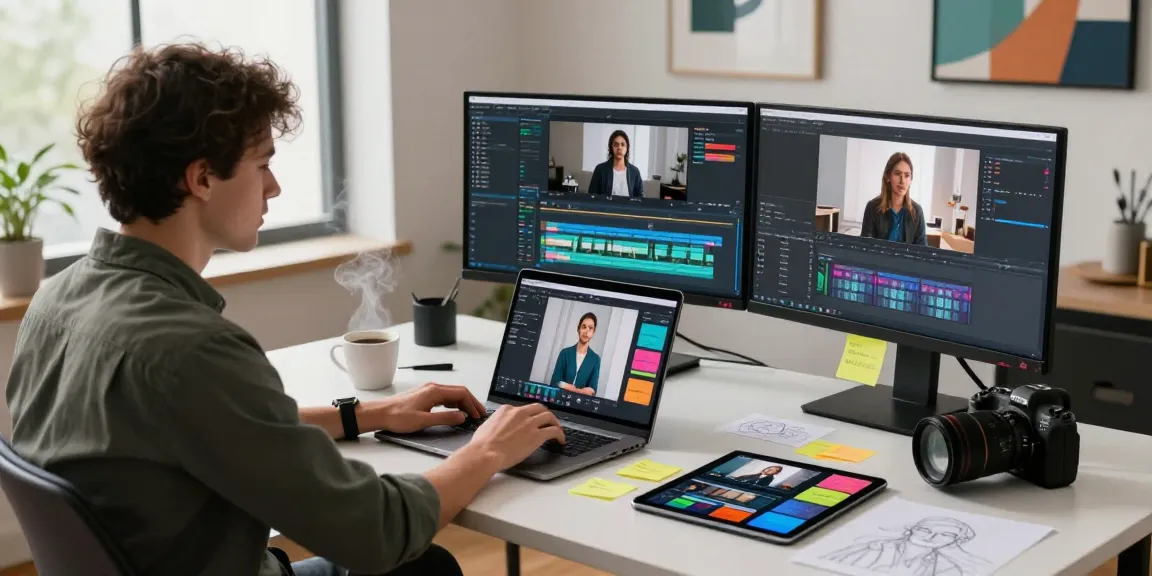 Creative workspace showcasing video to prompt generation tools and technology in an innovative studio.