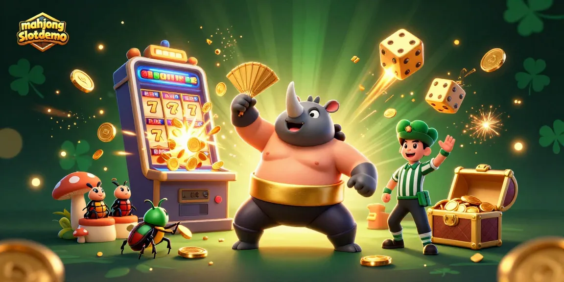 Experience the excitement of mahjongslotdemo with a sumo beetle champion amidst vibrant casino elements.