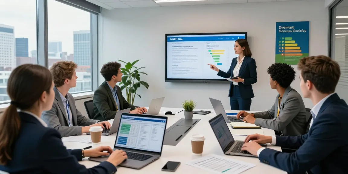 Diverse professionals discussing British Gas business electricity plans in a modern office setup.