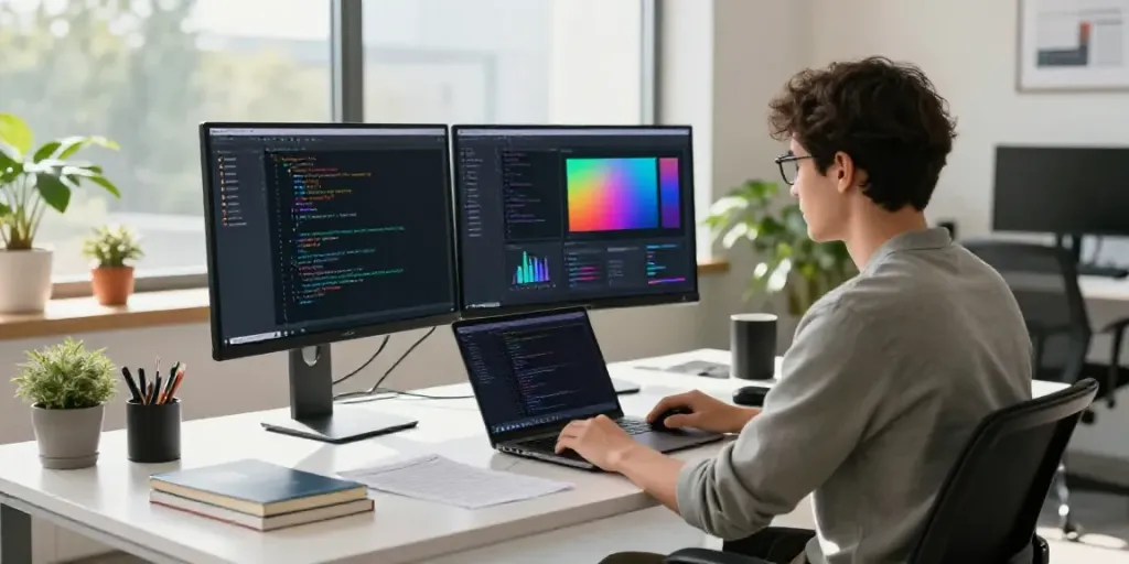Workspace with developer working on AI product comparison content generator.
