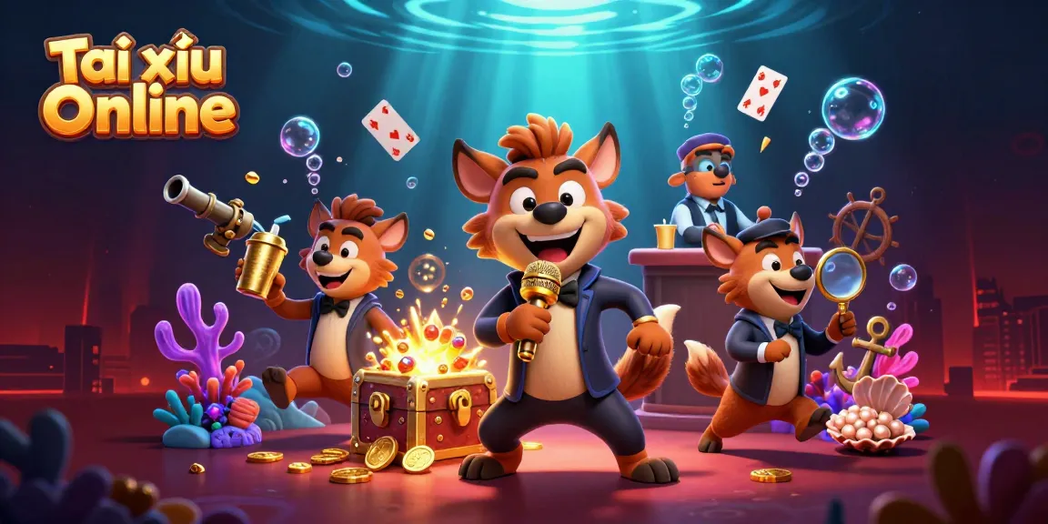 Play Tài xỉu Online in a vibrant and dynamic 3D casino scene with engaging hyena characters.