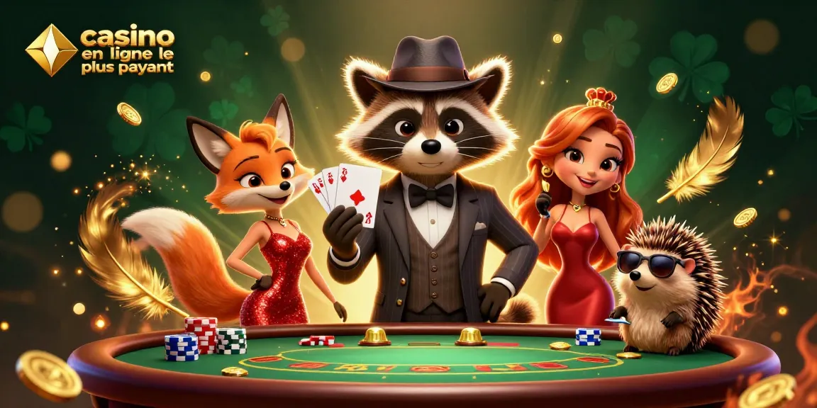 Expérimentez le casino en ligne le plus payant avec un renard charmant et un raton laveur gagnant, dans une illustration vibrante