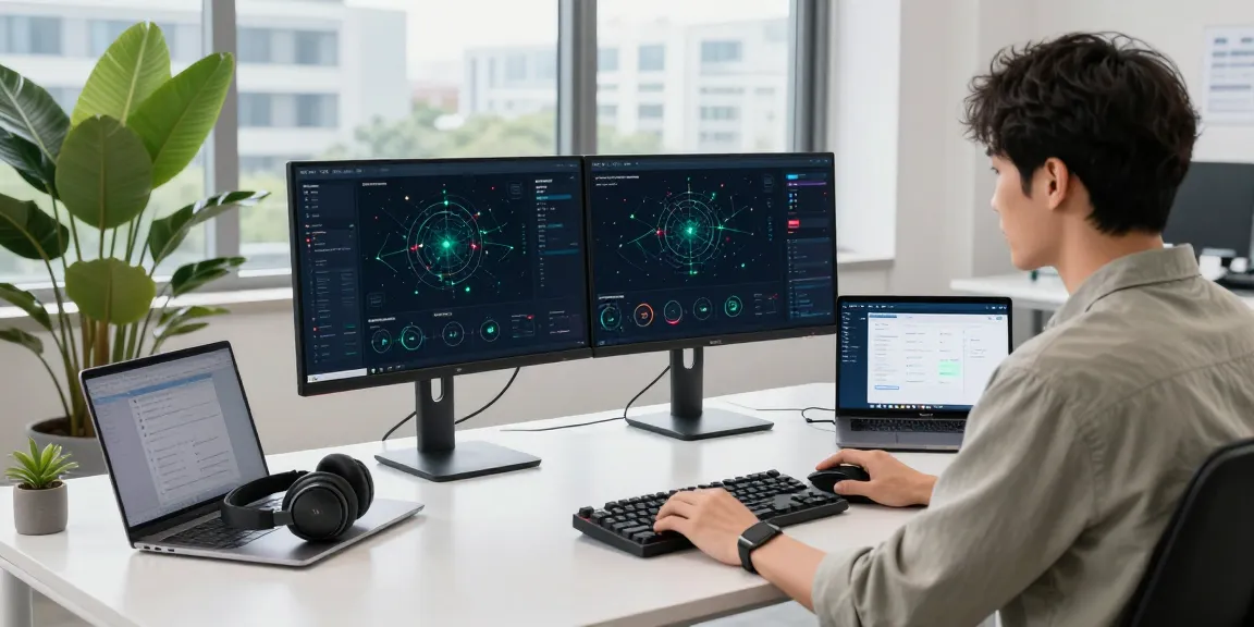 快连 software application in a modern workspace with network optimization dashboards on dual monitors.