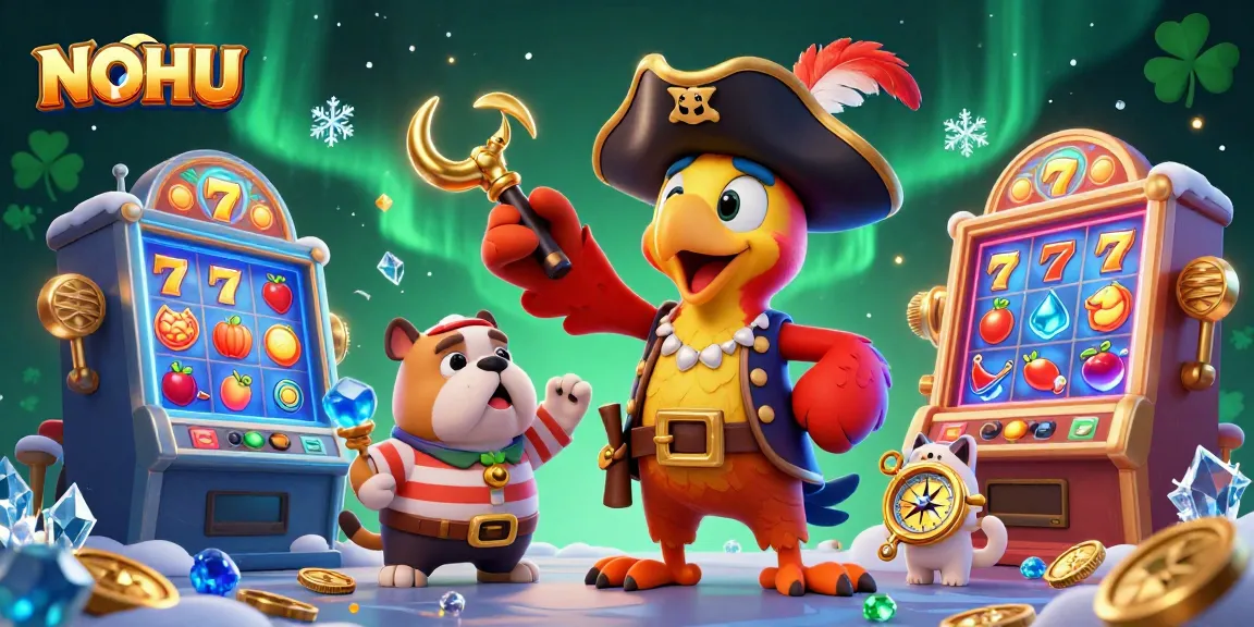 Experience the thrill of NOHU as the pirate captain and crew navigate vibrant slot machines.