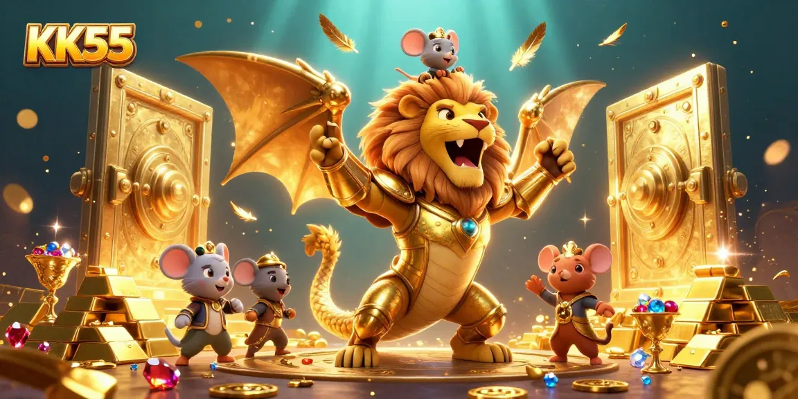 Engage with KK55's thrilling casino adventures featuring a triumphant chimera and treasures.