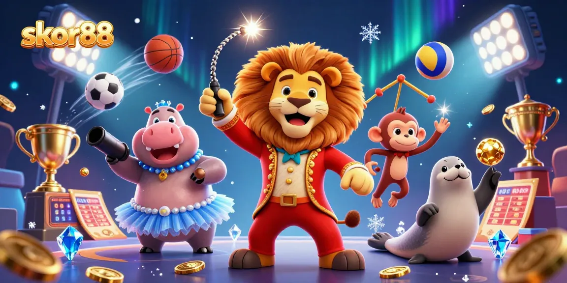Experience thrilling bets with SKOR88 at a vibrant circus-themed casino illustration.