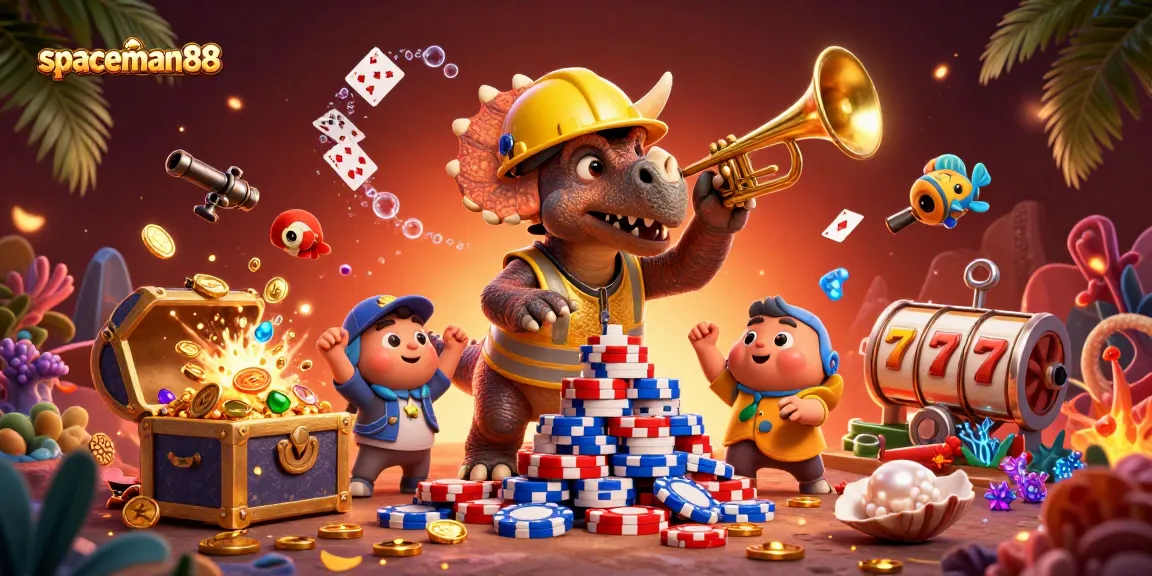 Spaceman88 engages players with exciting slot reels and poker chips in a festive casino scene.