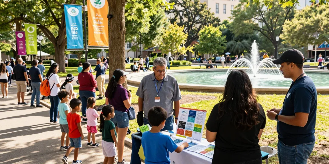 Community members learning about RTPS 4 the only free public services at a park event, promoting public engagement.