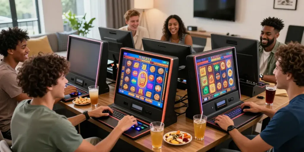 Friends celebrating a win at online slot games in a cozy environment