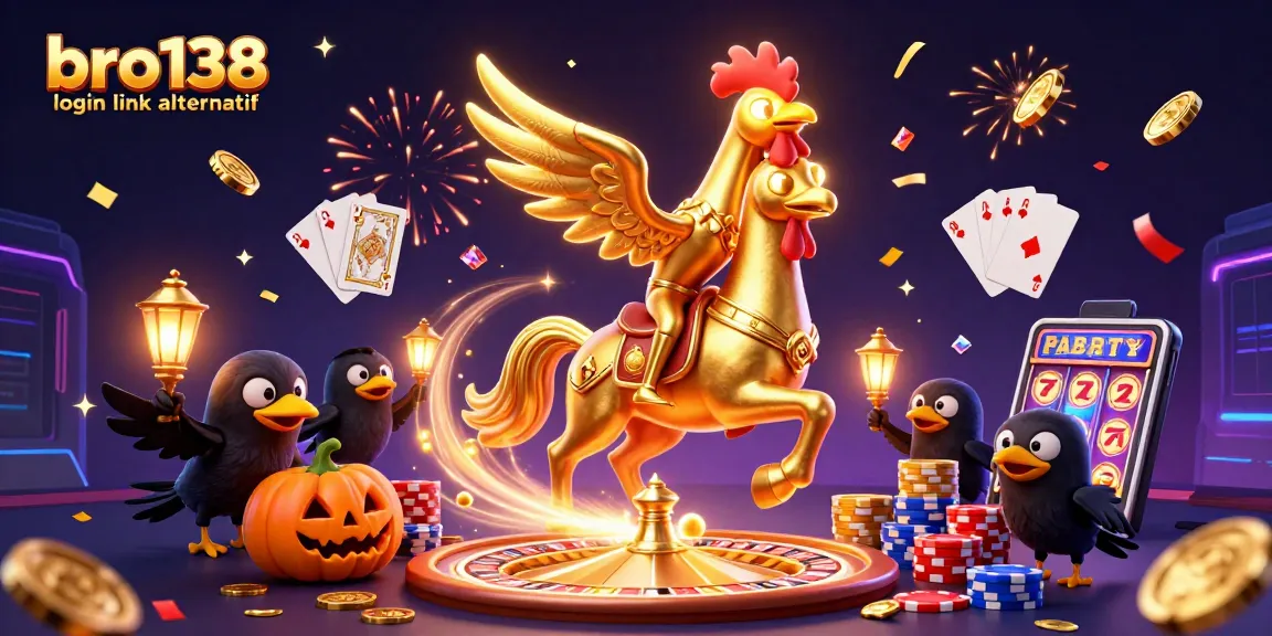 Engage with the excitement of gambling through bro138 login link alternatif in a vibrant casino scene filled with golden rooster and crow characters.